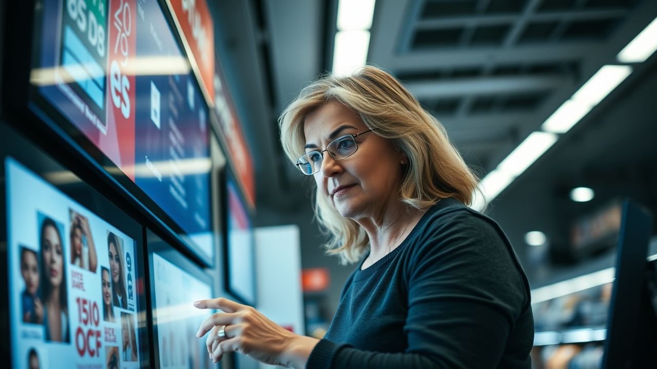A middle-aged woman interacts with digital signage in a retail store. A middle-aged woman interacts with digital signage in a retail store.
