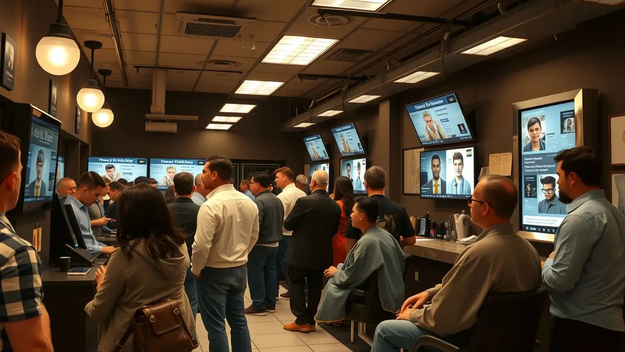 A busy barber shop with a virtual queuing system and interactive style tips.
