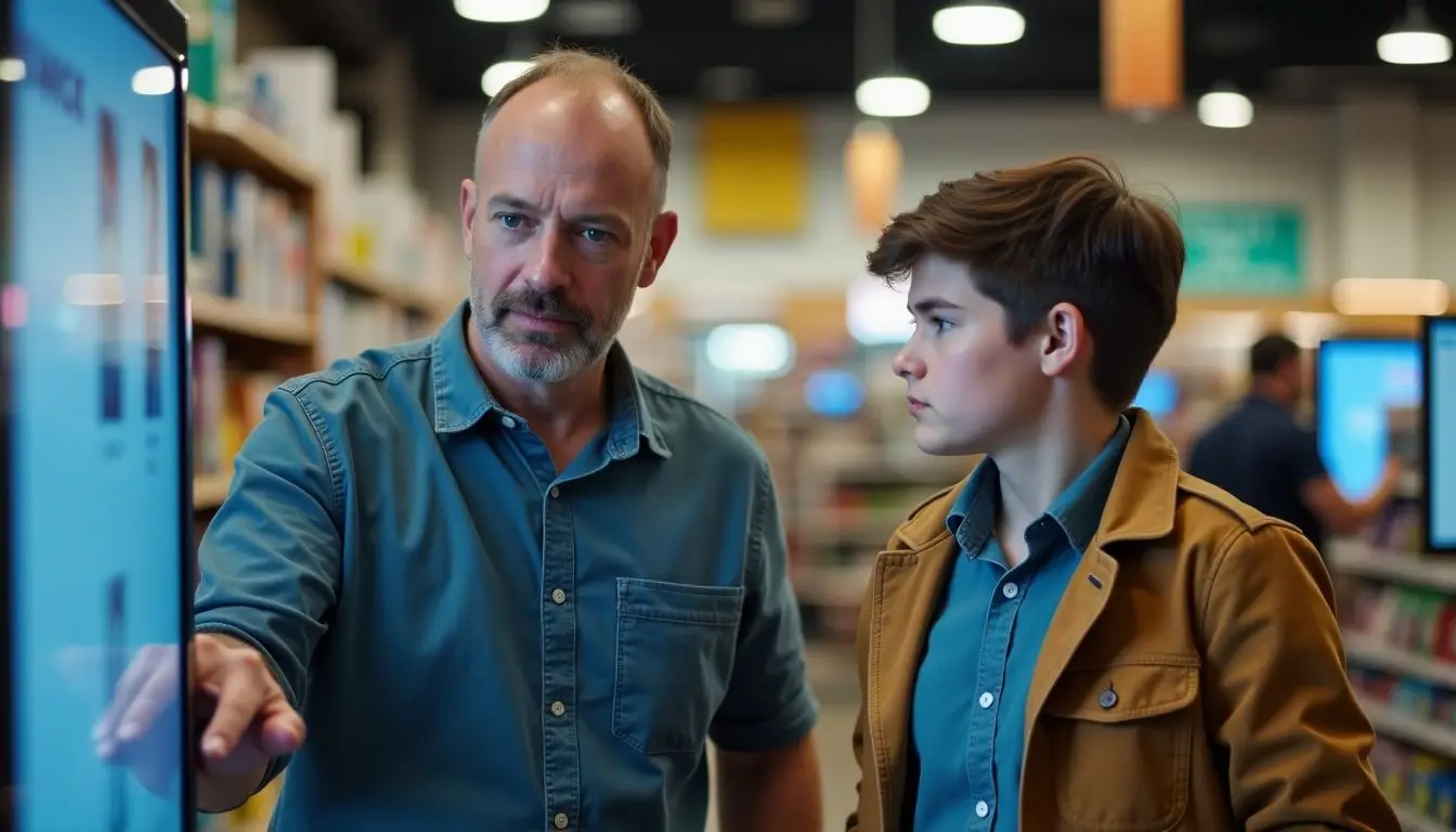 A retail manager trains a young employee to set up digital signage.