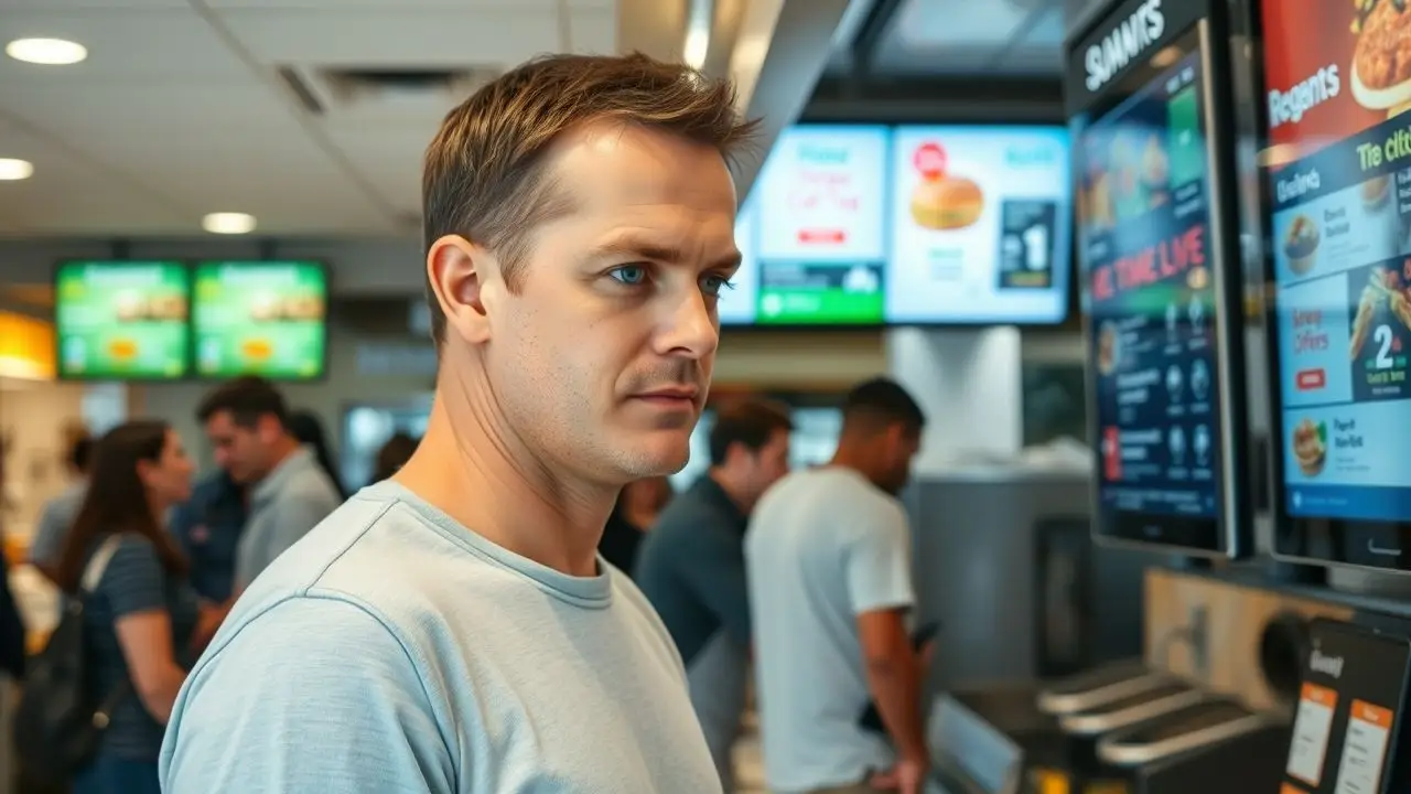 A man in his 30s looks at a digital menu in a busy restaurant.