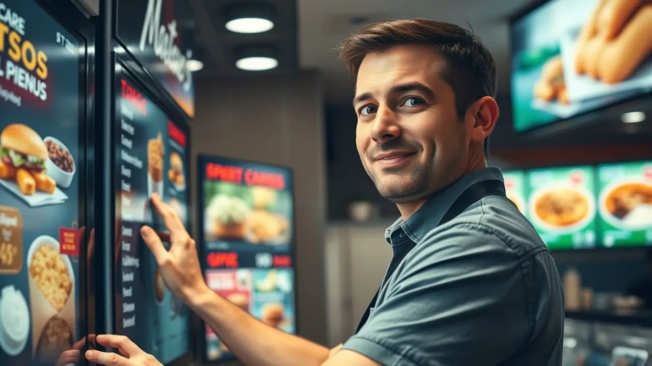 A man in his 30s updating a digital menu board in a busy food establishment.