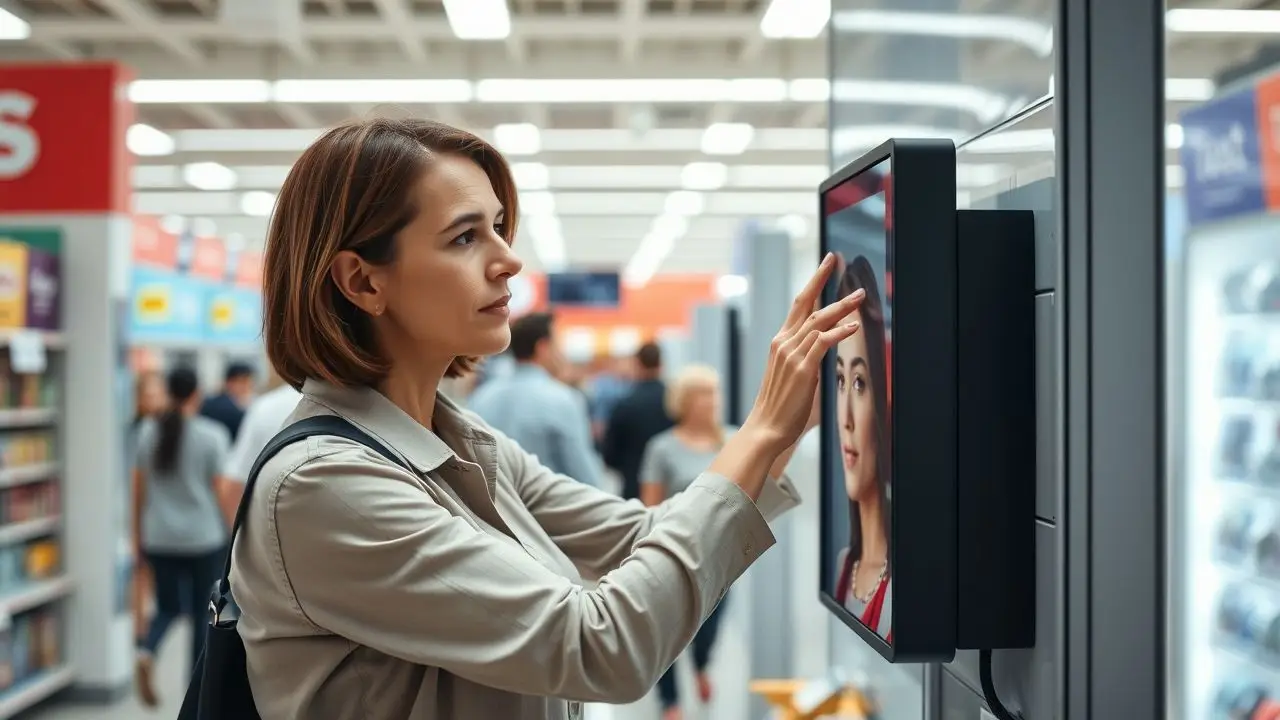 A woman adjusts digital signage in a busy retail store.