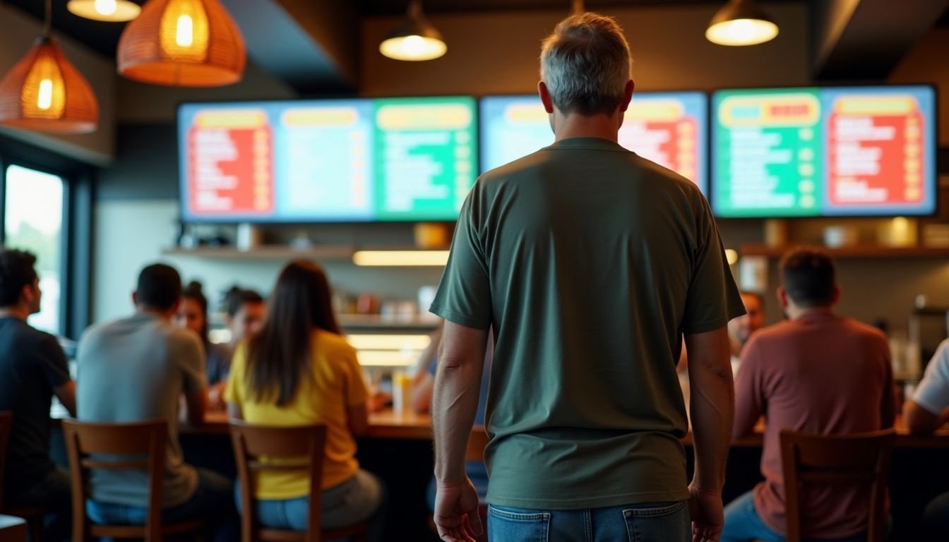 A busy restaurant with a digital menu board and diverse customers.