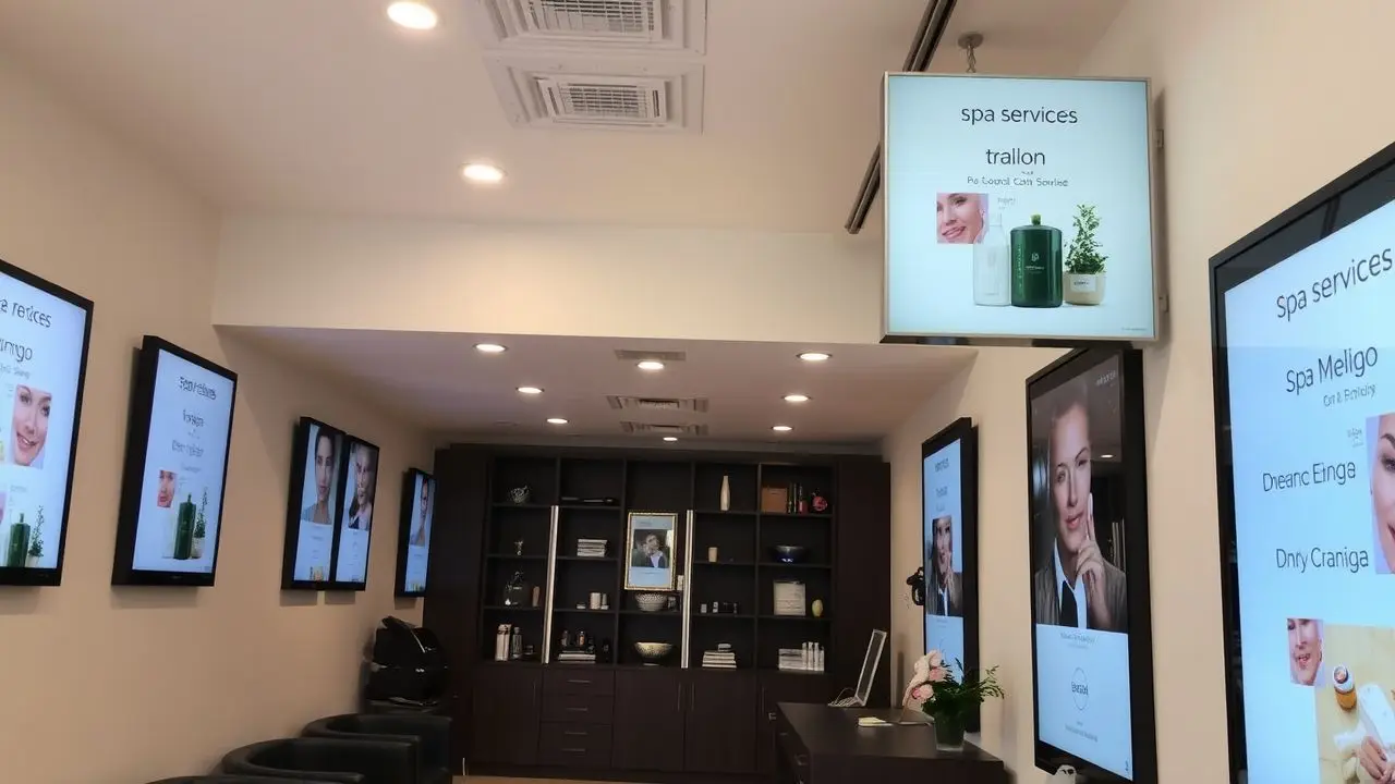 A modern salon with digital signs for spa services. A modern salon with digital signs for spa services.