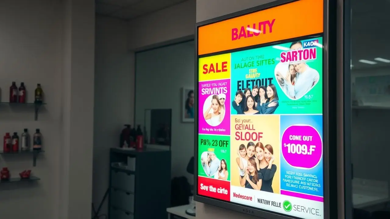 A digital display at a beauty salon showing colorful promotions. A digital display at a beauty salon showing colorful promotions.