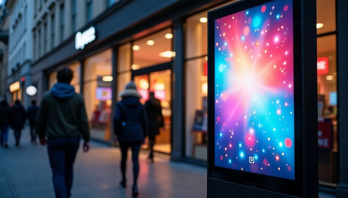 A retail store's vibrant digital sign attracts passing shoppers with colorful images.