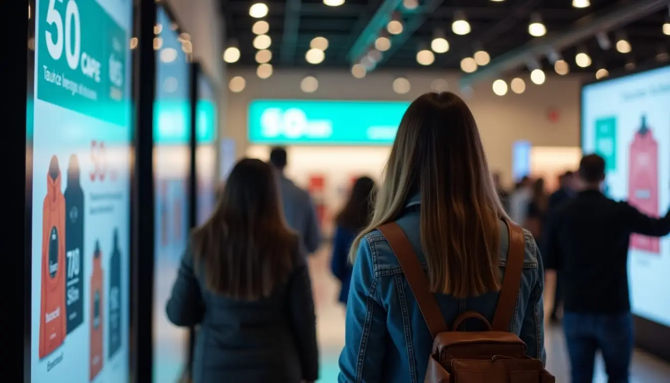 A retail store interior with digital screens and diverse shoppers.