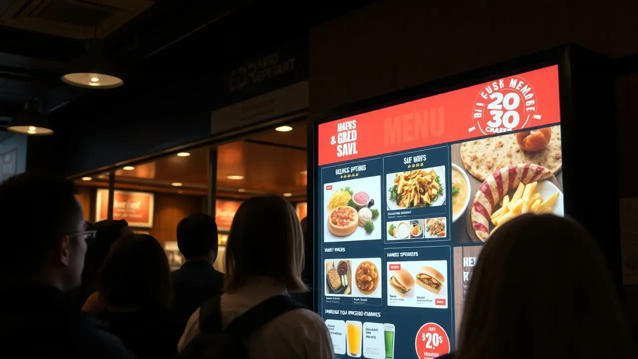A digital signage screen displays menu options and special deals at a restaurant entrance.