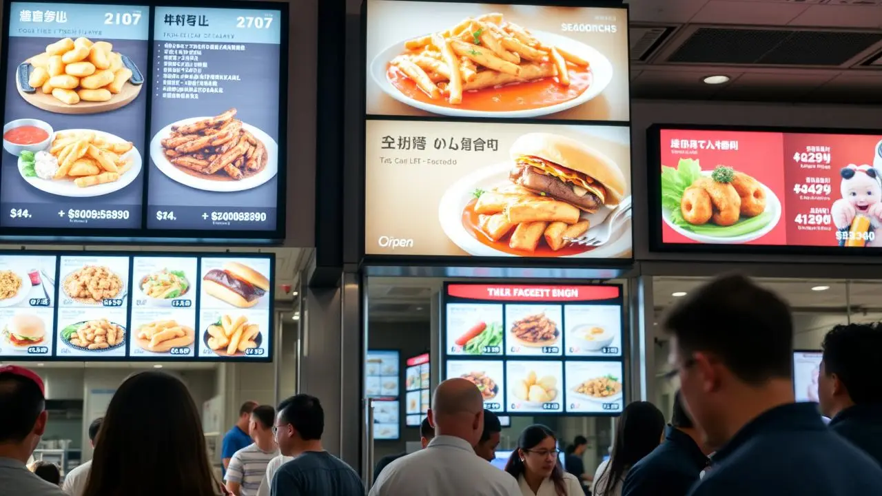 A bustling modern food business with bright digital signs and appealing menu items.
