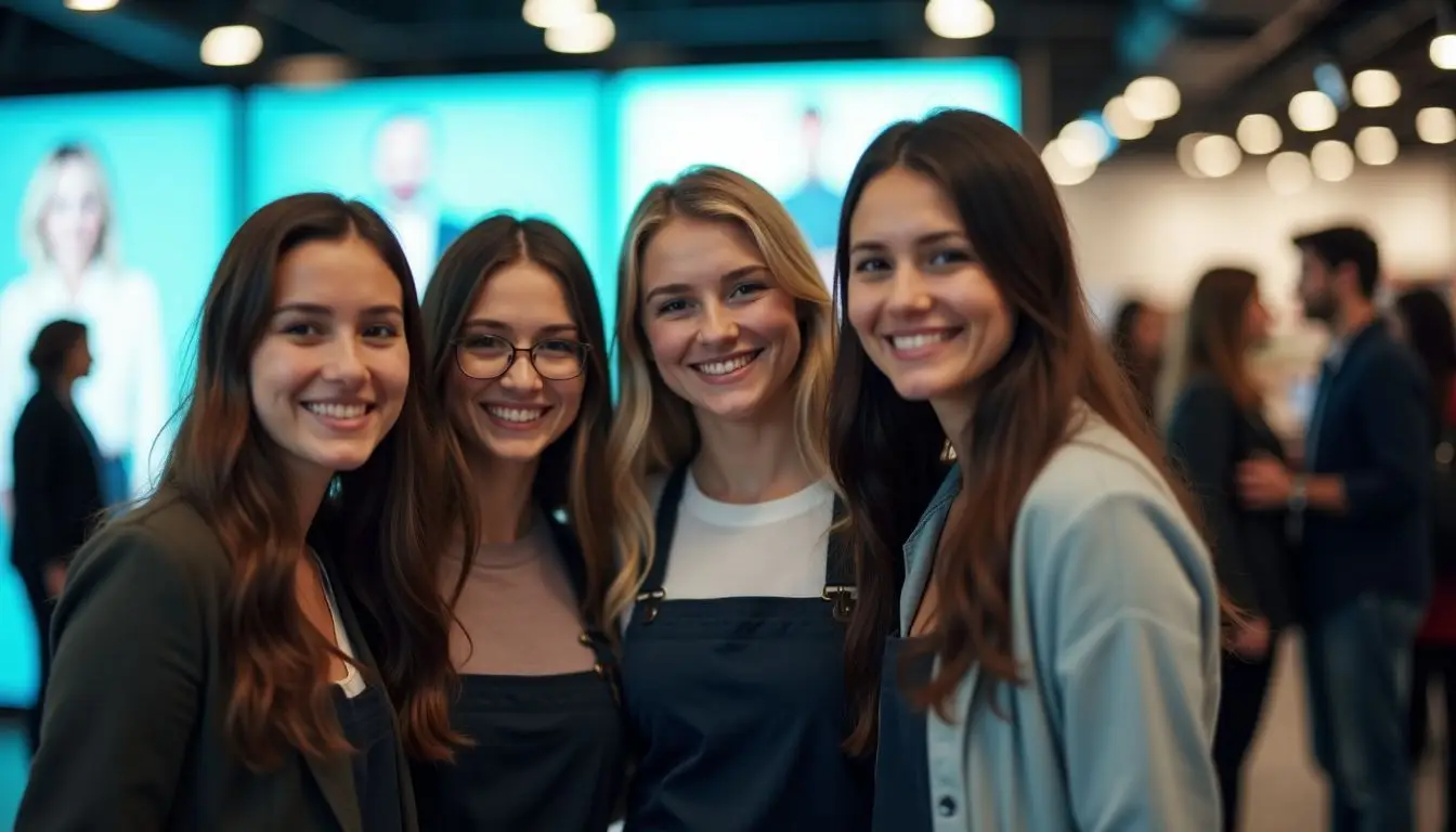 Group of retail employees smiling in front of digital signage.