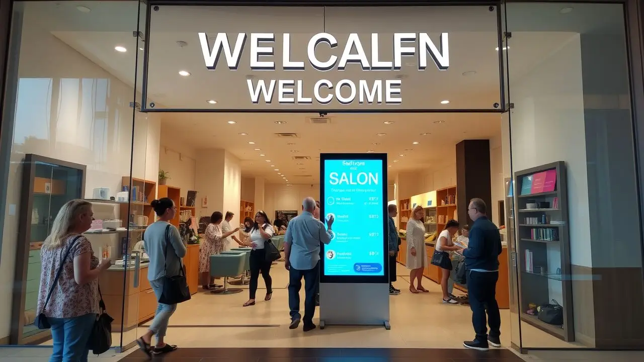 A modern salon entrance with digital offers and services display. A modern salon entrance with digital offers and services display.