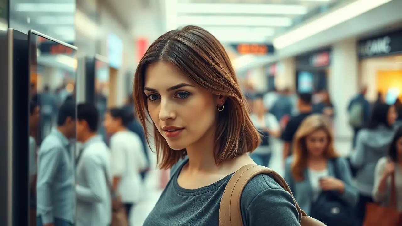 A woman in her 20s is focused on a digital signage in a crowded mall.