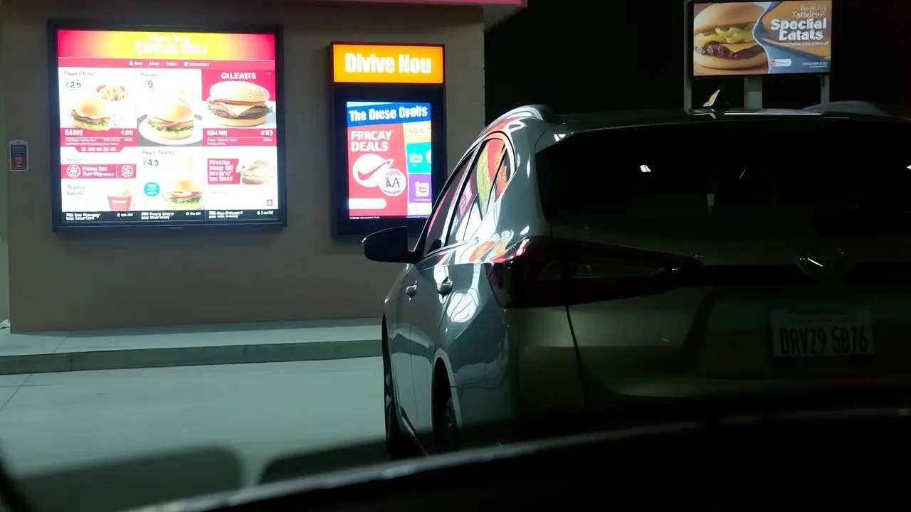 A car at a drive-thru menu board with colorful meal options.