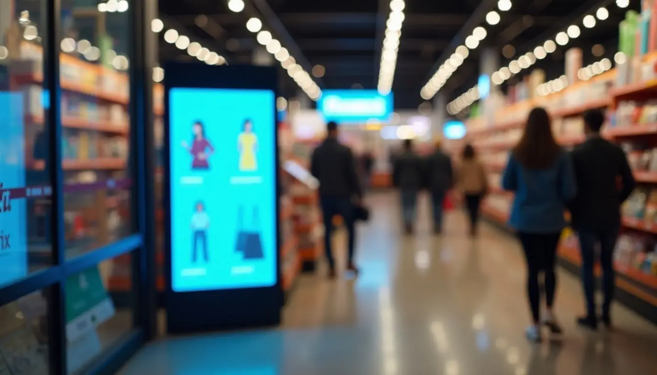 A digital sign displays product promotions in a busy retail store.
