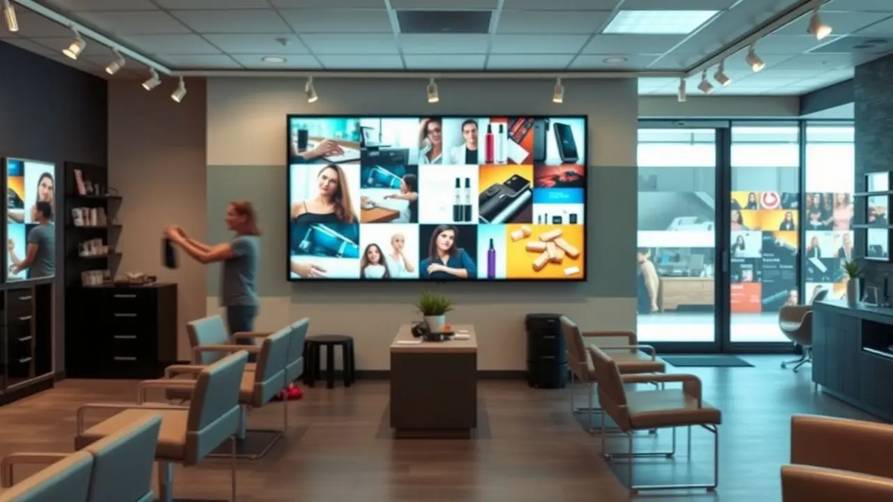 A modern salon with a large digital display showcasing services and products. A modern salon with a large digital display showcasing services and products.
