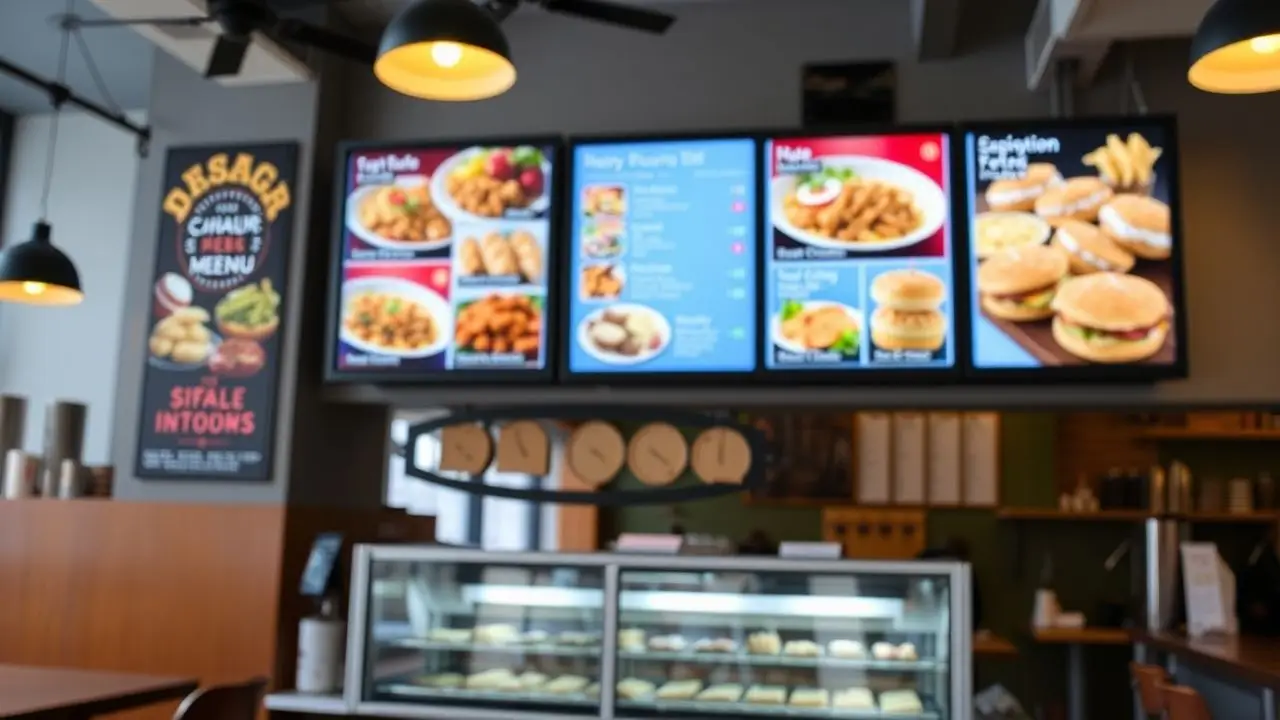A digital menu board displays colorful food items in a trendy restaurant.