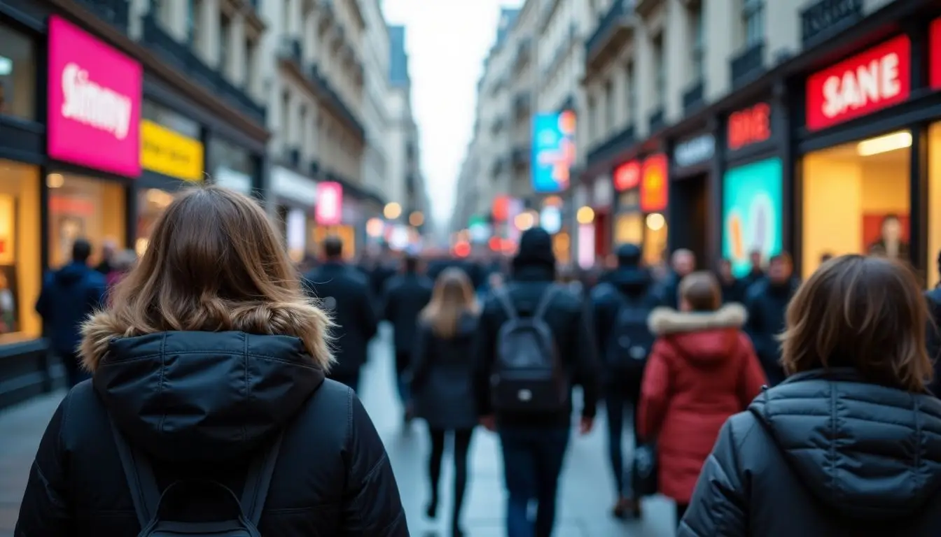 A busy city street with pedestrians looking at colorful digital signs.
