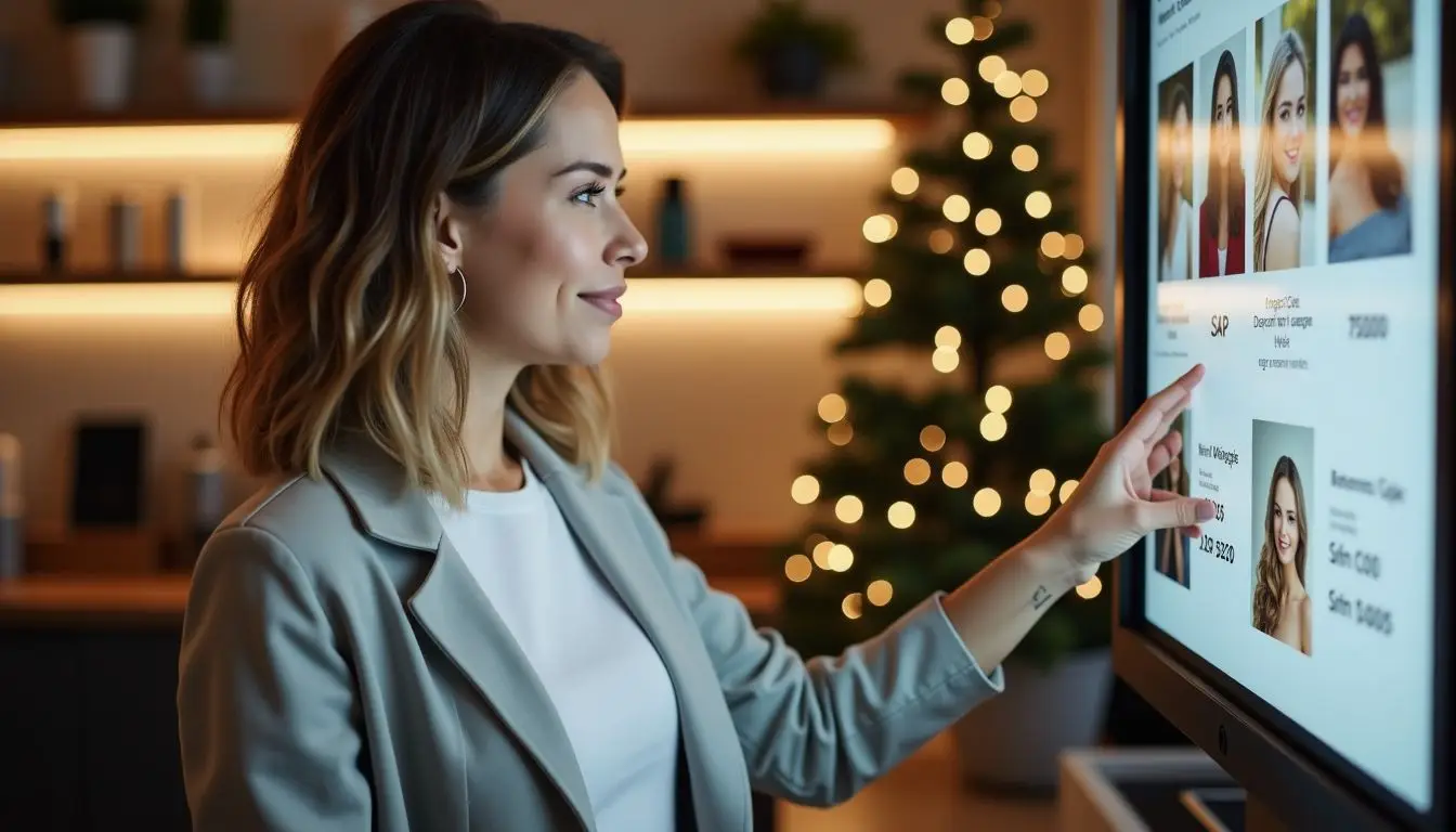 A woman in her mid-30s adjusts winter spa promotions in her salon. A woman in her mid-30s adjusts winter spa promotions in her salon.