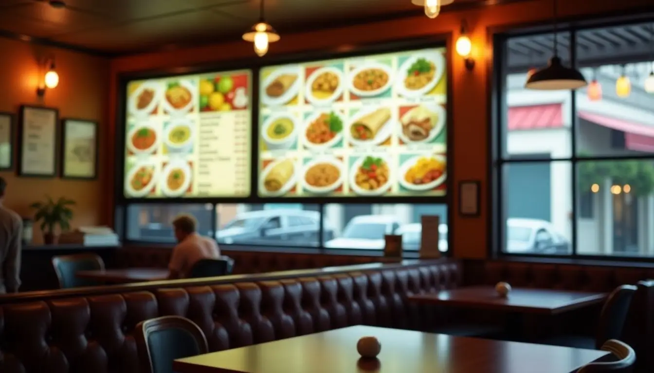 A digital menu board displaying colorful dishes in a cozy diner.