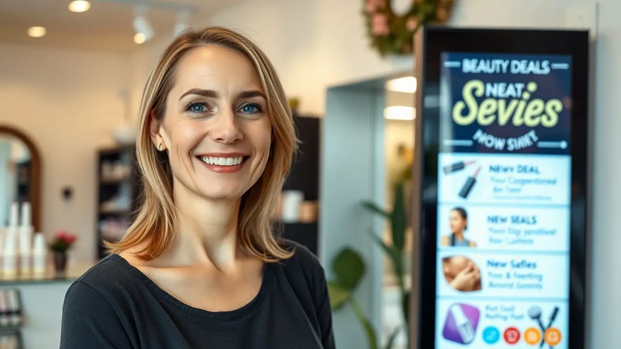 A woman smiling in a salon next to digital signage board. A woman smiling in a salon next to digital signage board.