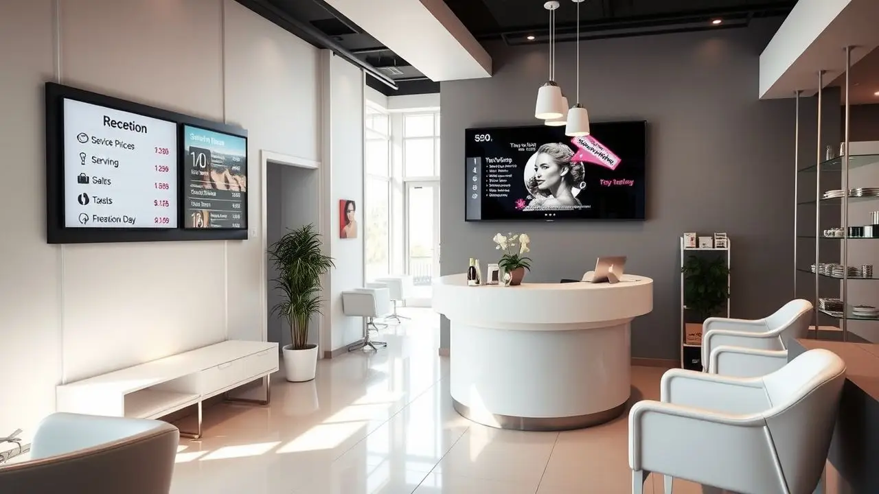 The modern salon and spa reception area has a sleek, professional design. The modern salon and spa reception area has a sleek, professional design.