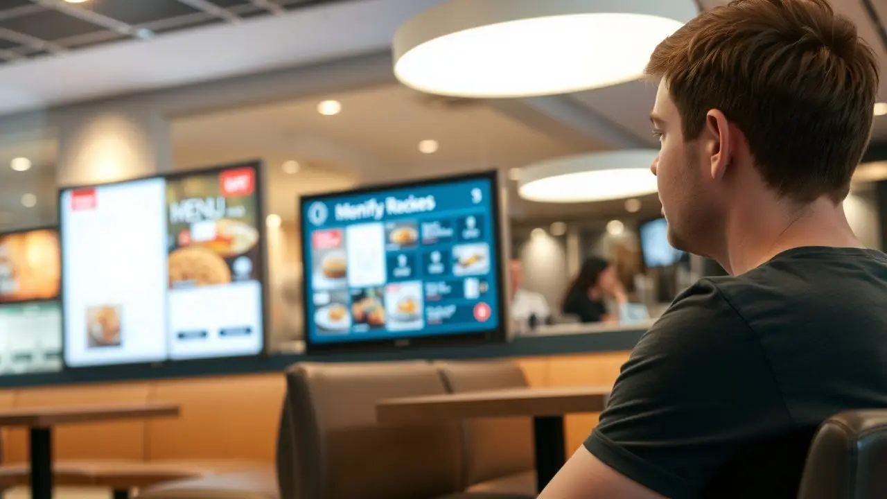 A man in his 30s looks at a digital menu in a modern restaurant.