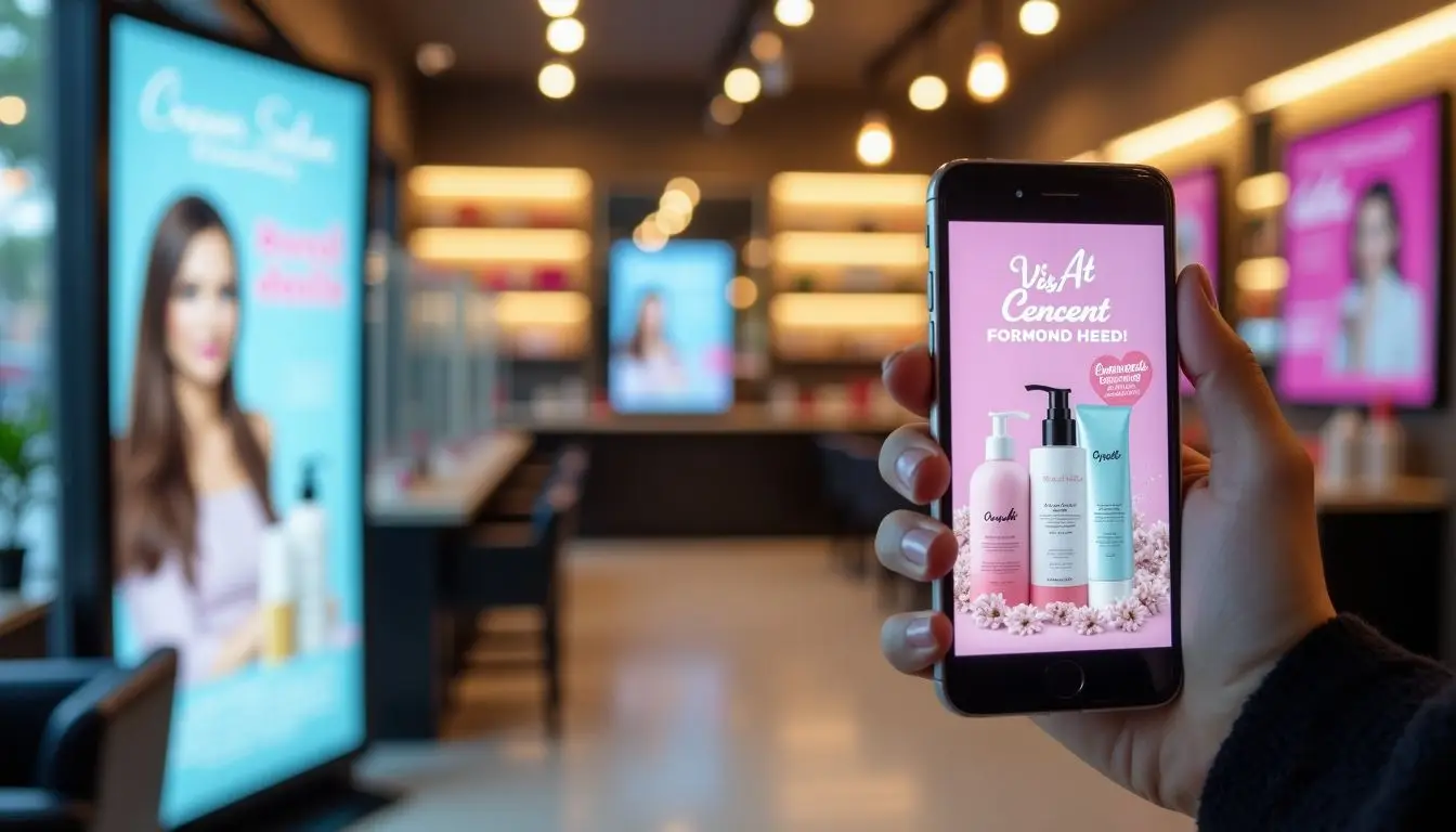 A beauty salon with digital signage featuring special deals and products. A beauty salon with digital signage featuring special deals and products.