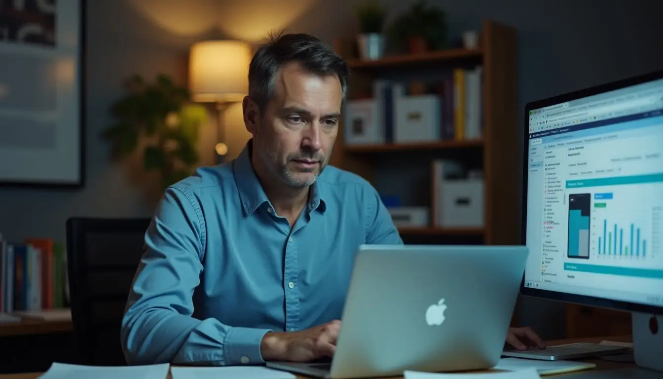 A man in his 40s is working on a laptop in a cluttered office.
