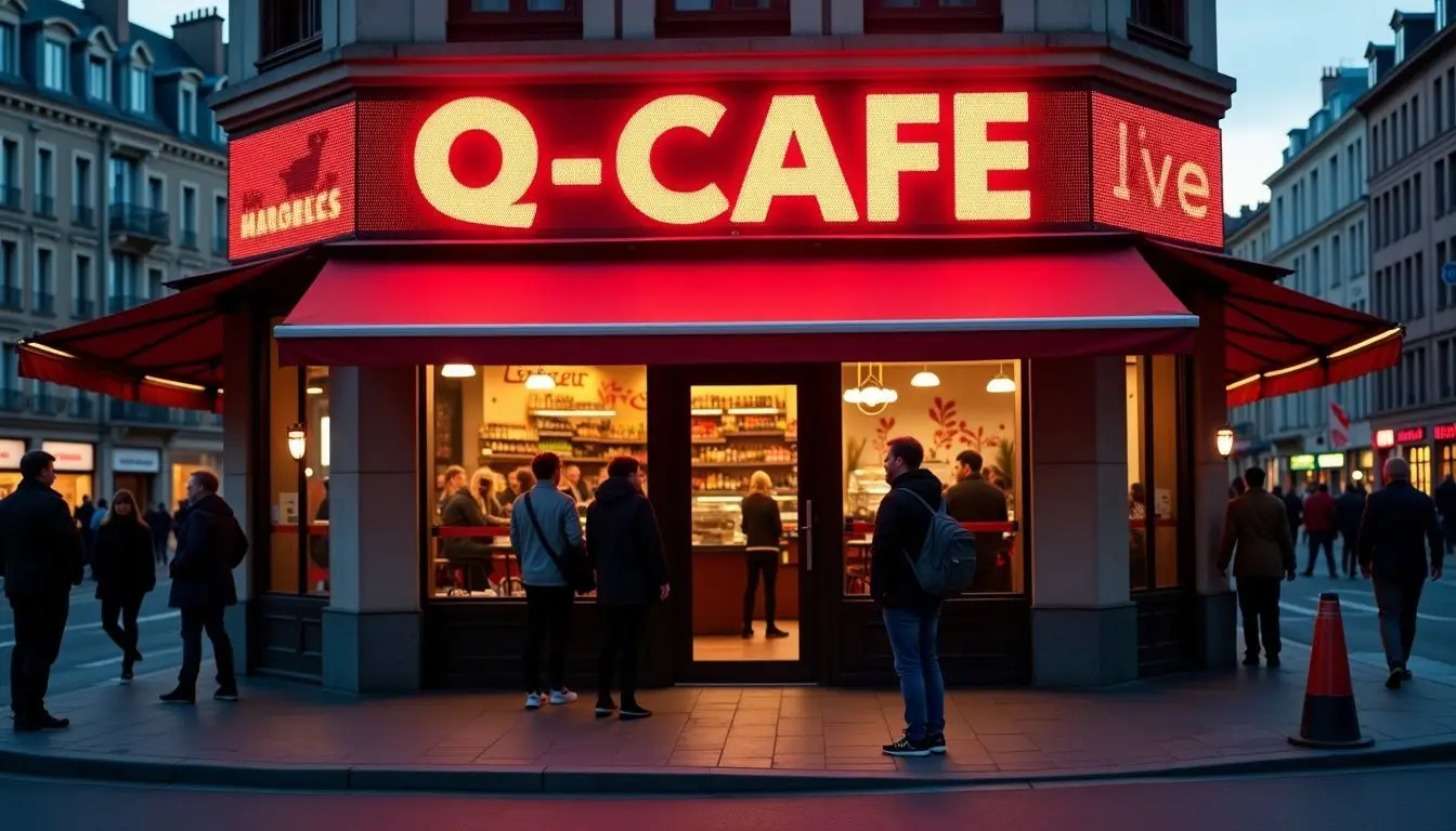 A busy downtown street corner with a vibrant digital café sign.