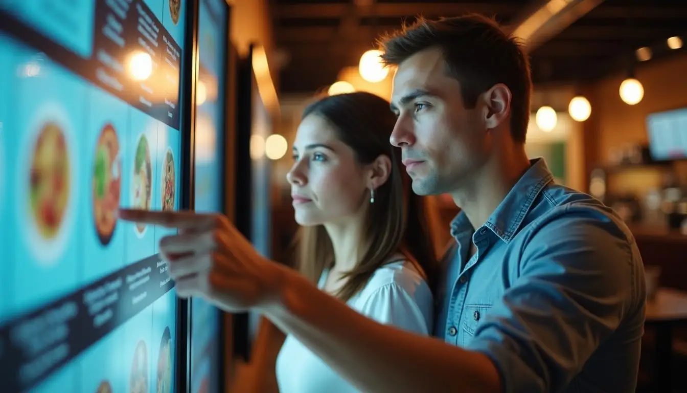 A man and a woman updating digital signage menus in a restaurant.