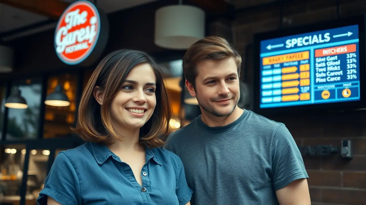 A couple in their 30s looking at a restaurant's digital menu board.