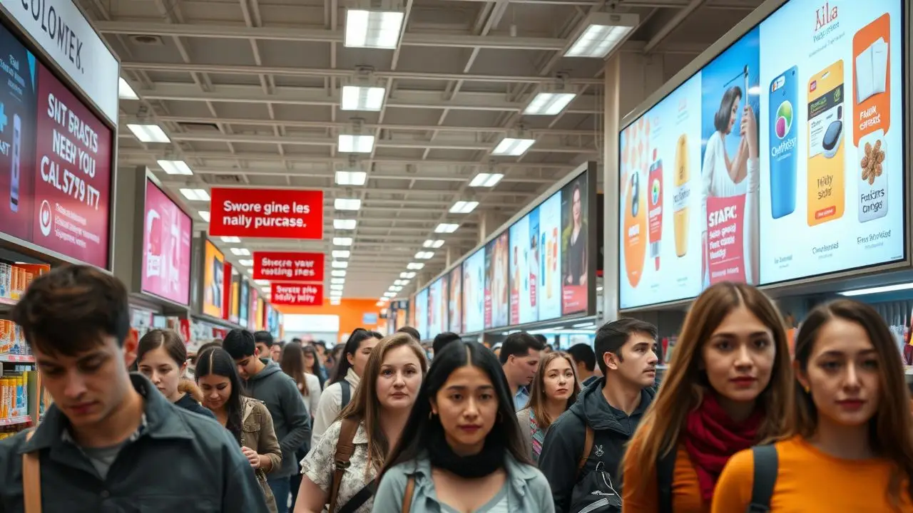 'Busy retail store with digital signs and enthusiastic shoppers.'