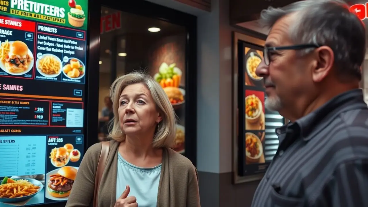 A couple excitedly looks at a colorful digital menu outside a restaurant.
