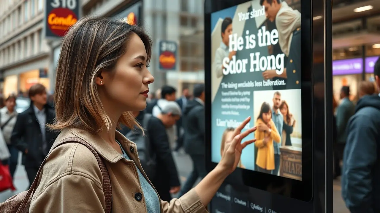 A woman interacts with a digital storefront display in the city.