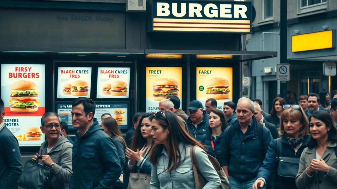 Busy city street outside a restaurant during lunchtime, with digital menus.