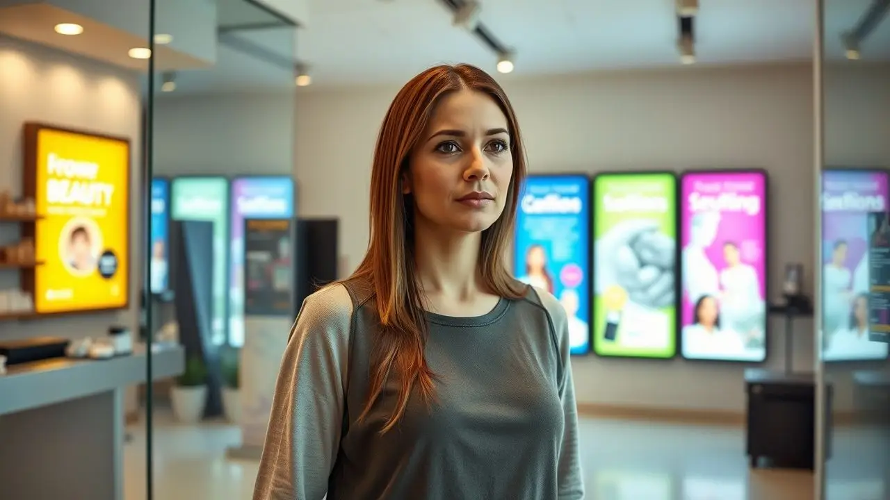 A woman walking into a modern beauty salon with vibrant digital signage. A woman walking into a modern beauty salon with vibrant digital signage.