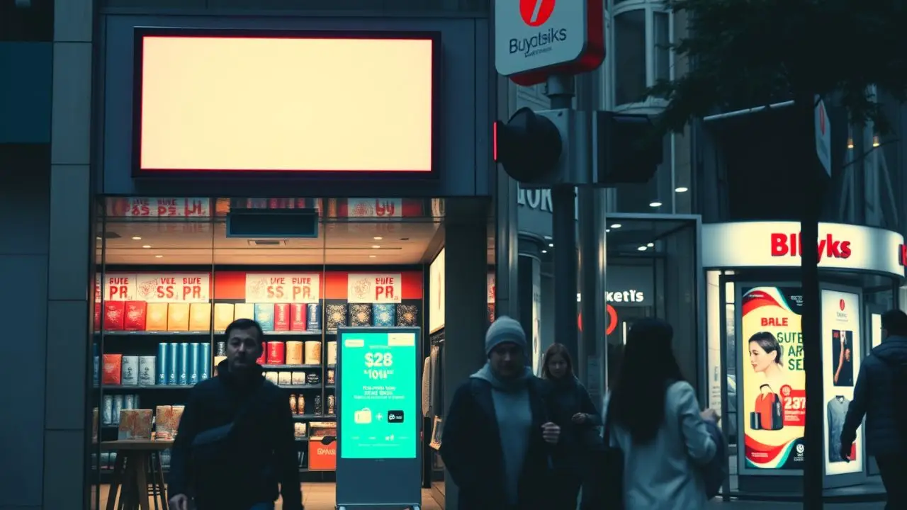 A modern storefront with colorful product displays attracts busy city shoppers.