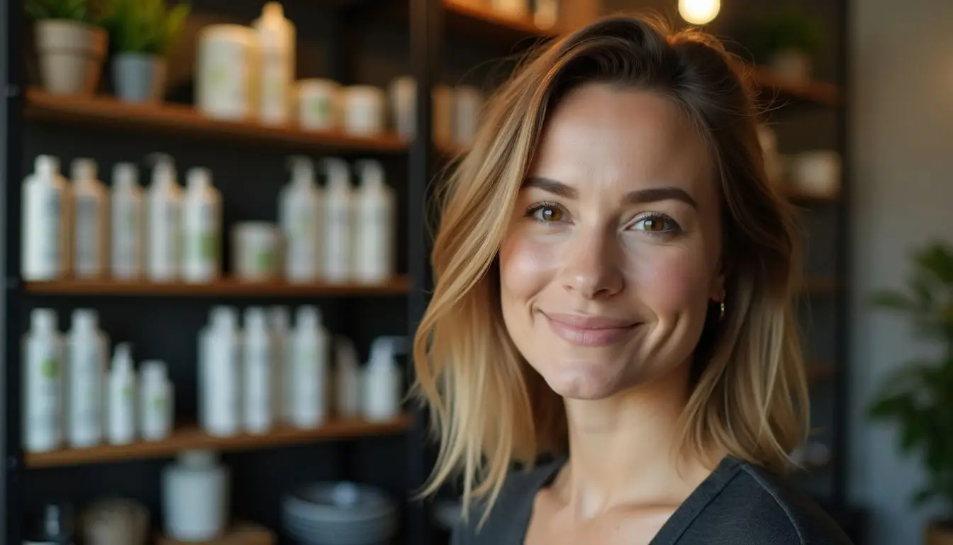 A female hairstylist in a sustainable salon with eco-friendly products. A female hairstylist in a sustainable salon with eco-friendly products.