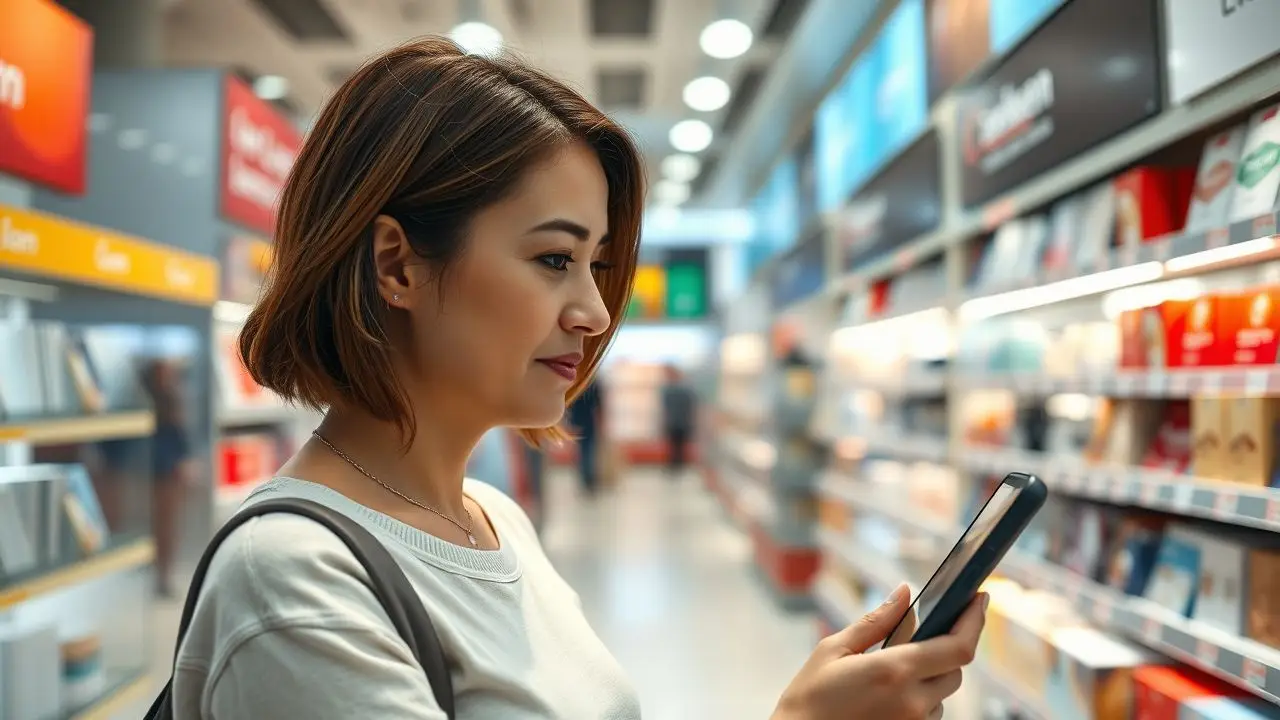 A woman in her 30s browsing in a modern retail store.