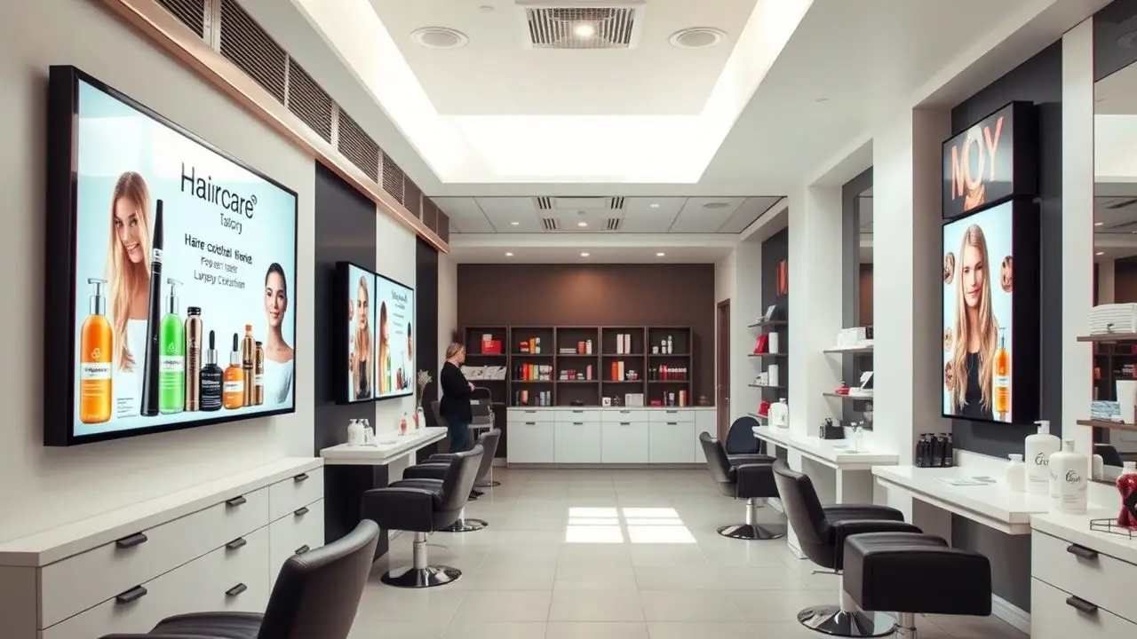 A modern salon with digital signs and minimalist design. A modern salon with digital signs and minimalist design.