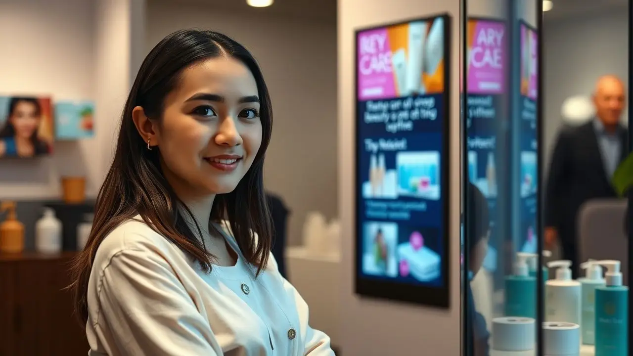 Young woman using touchscreen in modern salon for beauty care tips. Young woman using touchscreen in modern salon for beauty care tips.