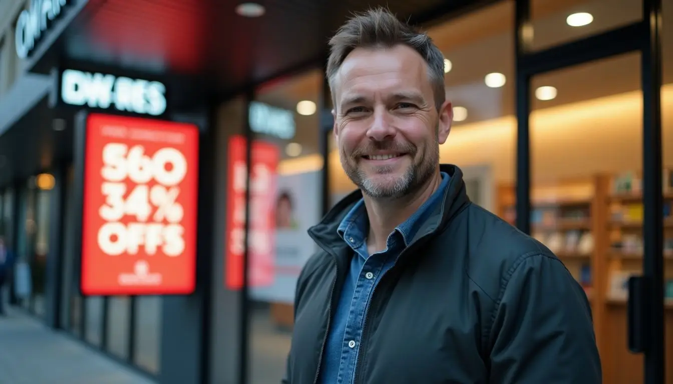 A man standing outside a modern storefront in casual clothing.