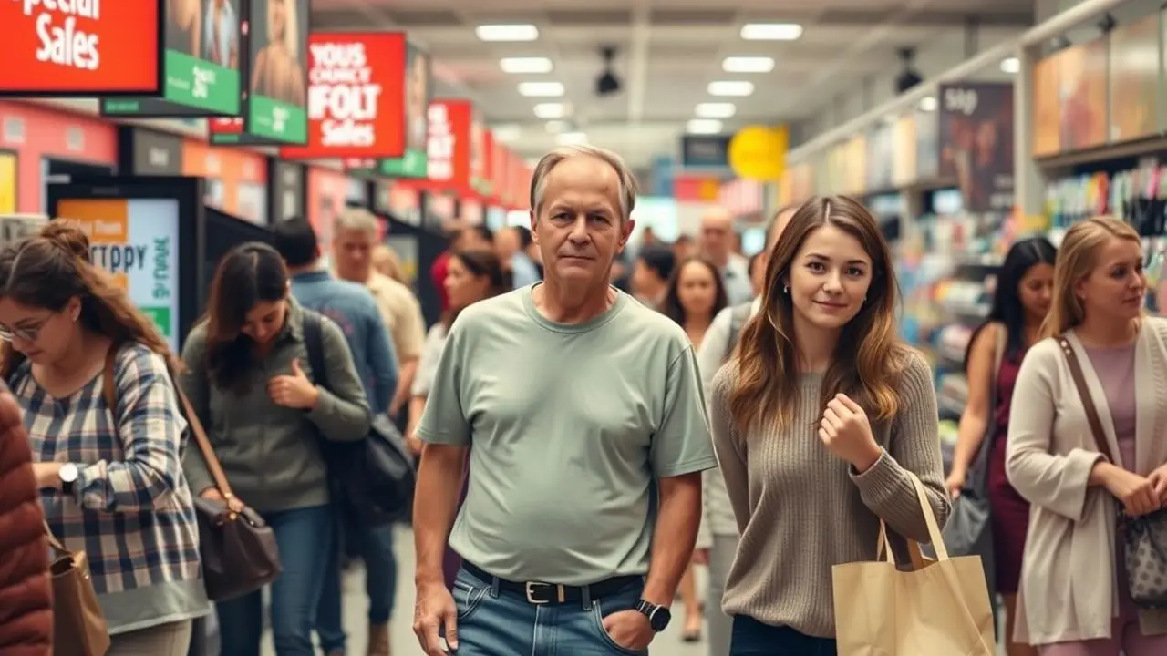 A busy retail store with diverse shoppers browsing for deals.