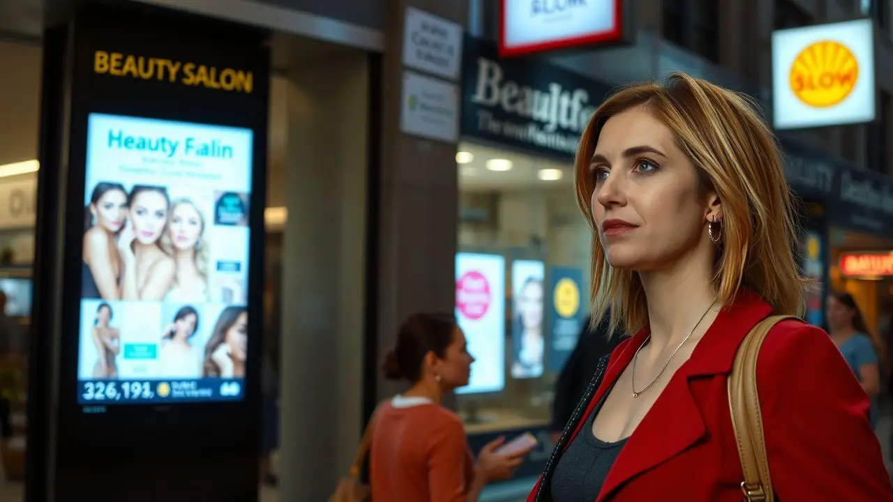 A woman walks past a beauty salon digital signage in a city. A woman walks past a beauty salon digital signage in a city.