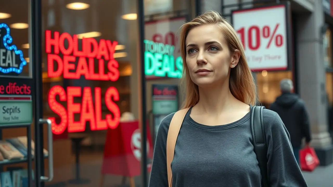 A woman in casual clothing walking past a festive storefront display.