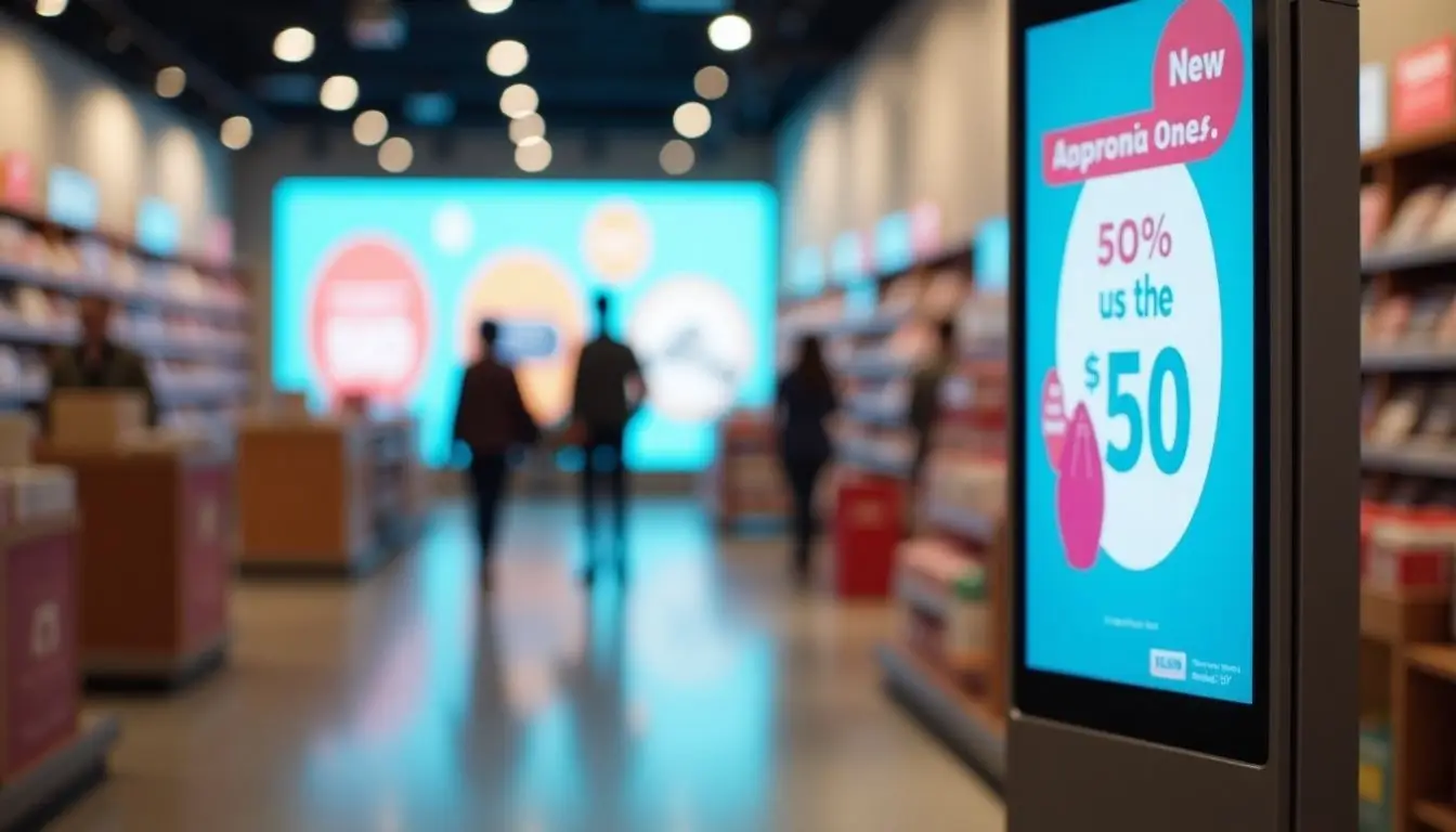 A modern retail store with colorful digital signs and interesting content. A modern retail store with colorful digital signs and interesting content.