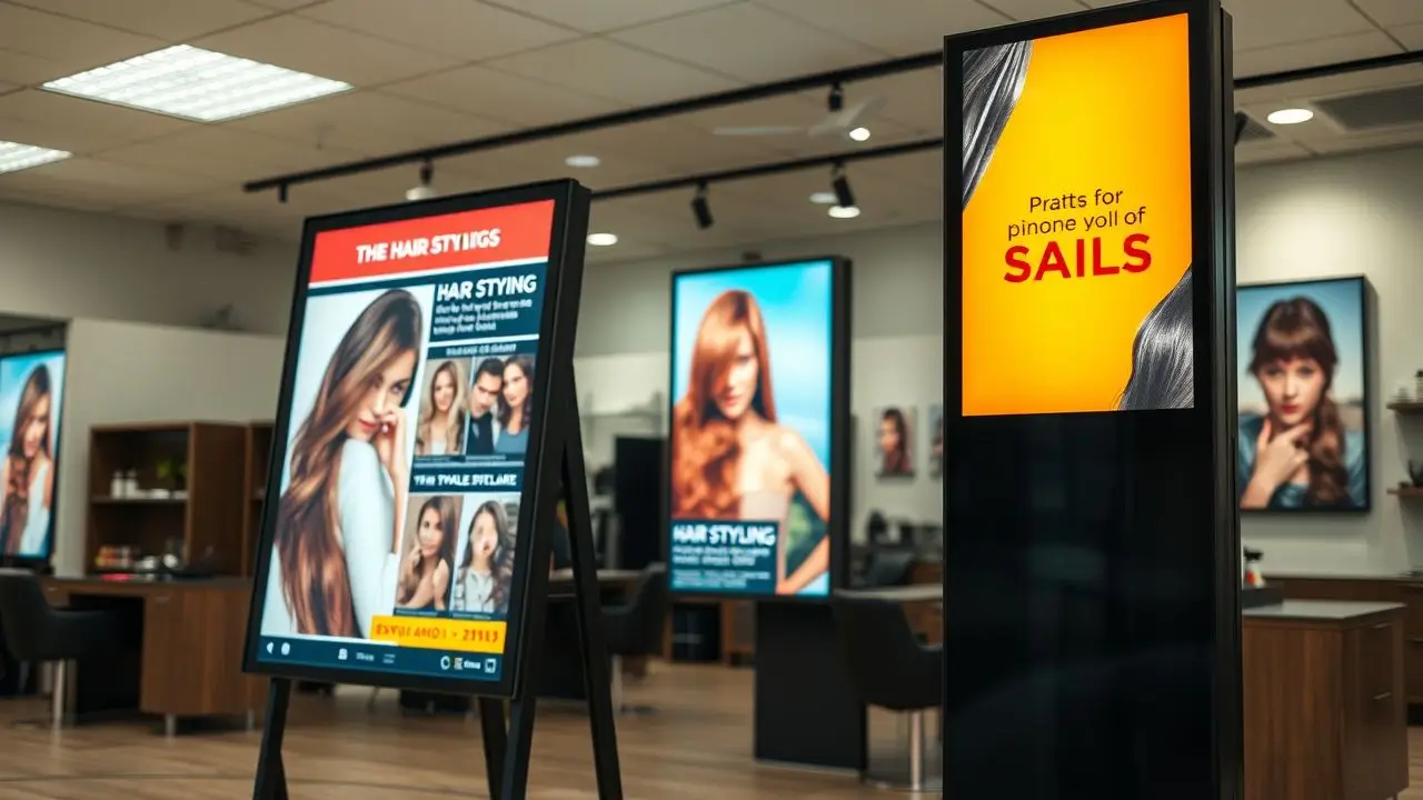 A digital sign in a modern salon displays vibrant hair styling options.