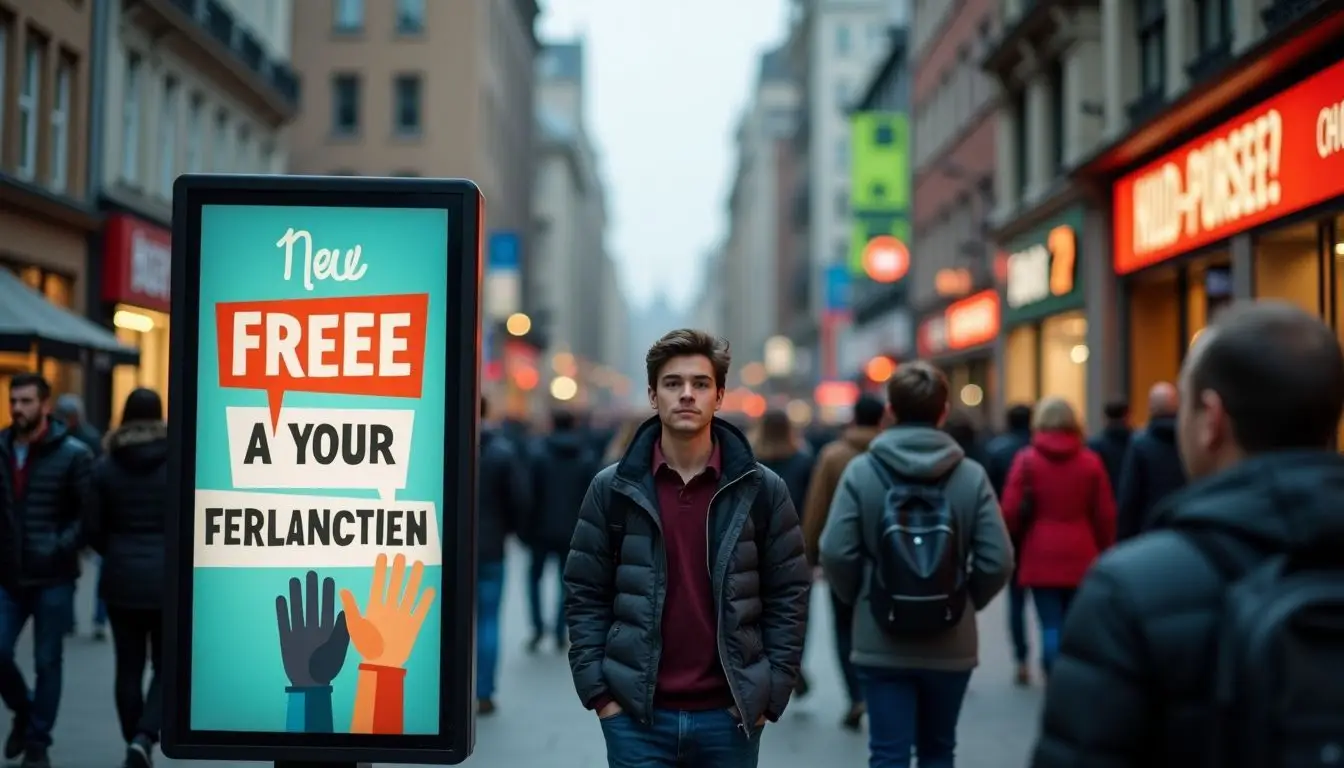 A casual person in a crowded urban street passing by a digital sign.