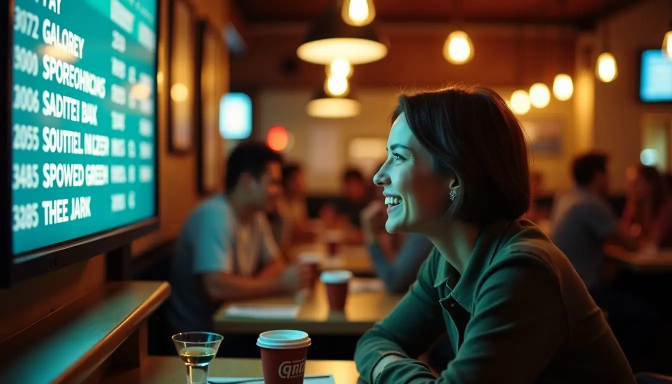 A diner happily looks at daily specials in a cozy restaurant.