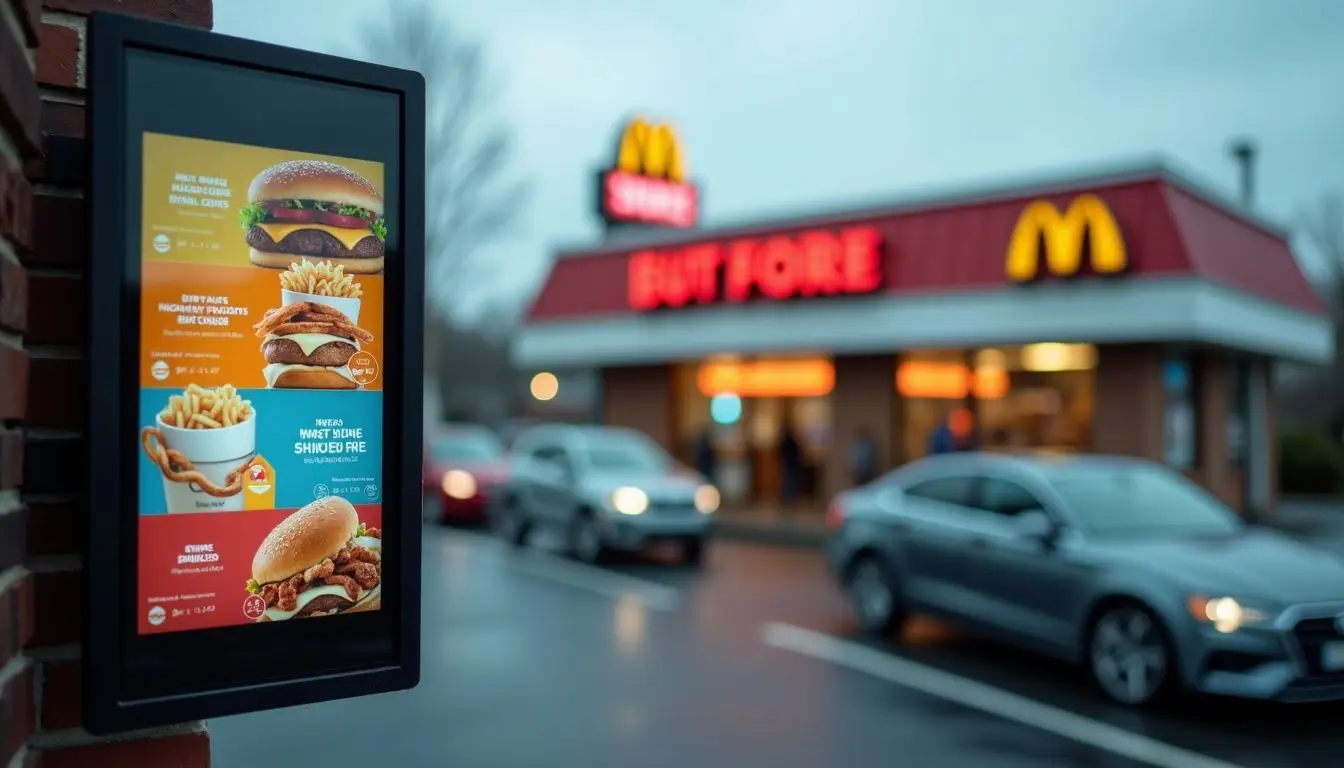 A fast-food drive-thru with digital menu board and waiting cars.